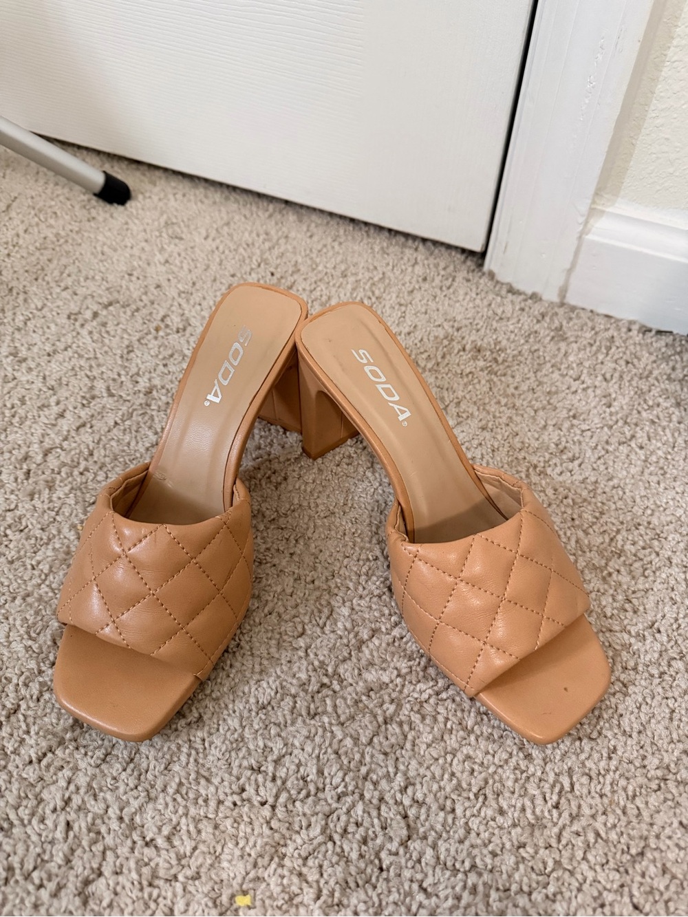 Soda Quilted Tan Block Heel Slide Mules